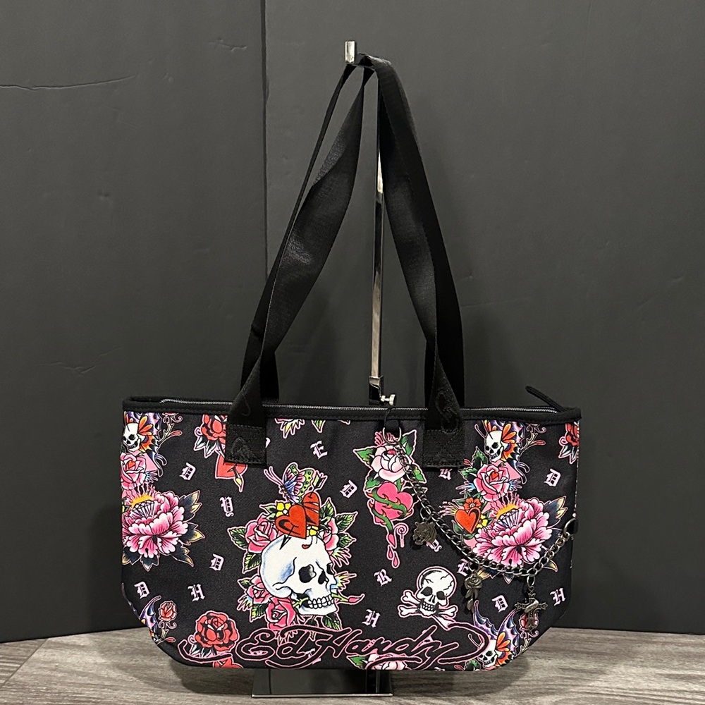 Ed Hardy Black and Pink Skull Floral Tote